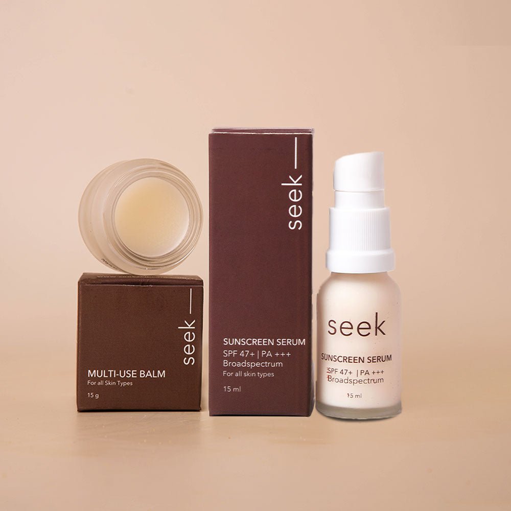 Seek Hydrate Shield Duo with mini SPF serum and balm on white background