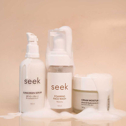 Introducing our CMS Regimen Combo: Seek Foaming Face Wash Matcha for all skin types, vegan, and cruelty-free. Choose Seek Cream Moisturizer for normal to dry skin or Seek Gel Moisturizer for oily skin, both vegan and cruelty-free. Complete your routine with Seek Sunscreen Serum SPF 47+ for broad-spectrum protection. Your path to radiant skin starts here.