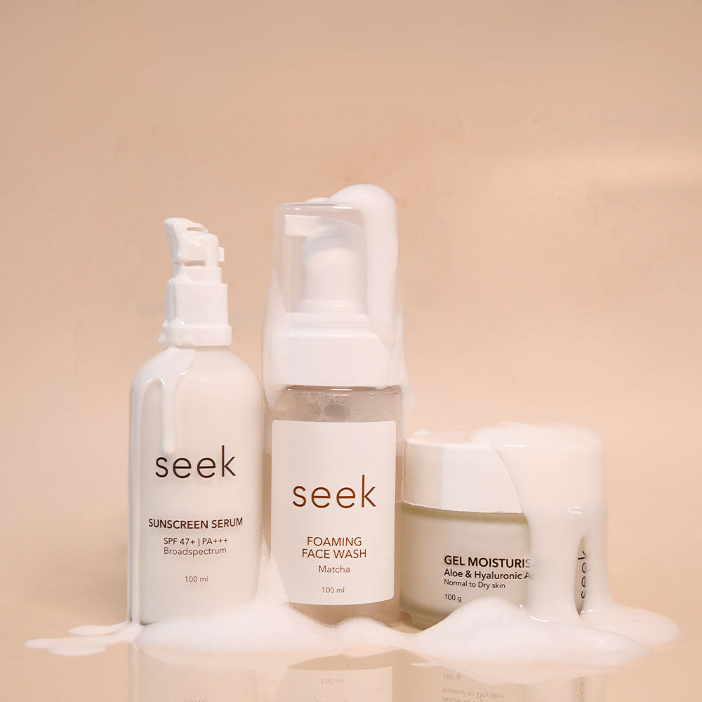 Introducing our CMS Regimen Combo: Seek Foaming Face Wash Matcha for all skin types, vegan, and cruelty-free. Choose Seek Cream Moisturiser for normal to dry skin or Seek Gel Moisturiser for oily skin, both vegan and cruelty-free. Complete your routine with Seek Sunscreen Serum SPF 47+ for broad-spectrum protection. Your path to radiant skin starts here