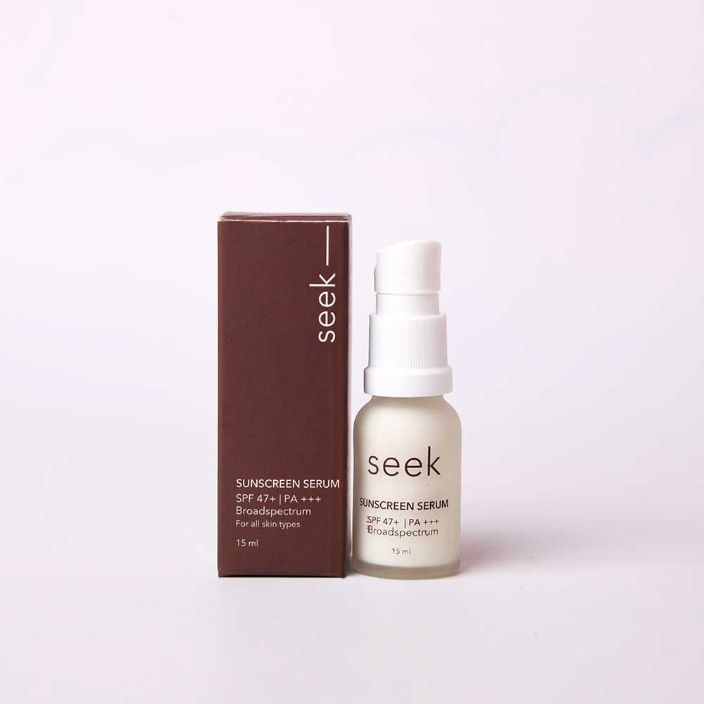 seek skincare broad spectrum sunscreen serum with SPF 47+ and PA+++, its toxin-free, no fragrance and no white cast formula make it suitable for all skin types.