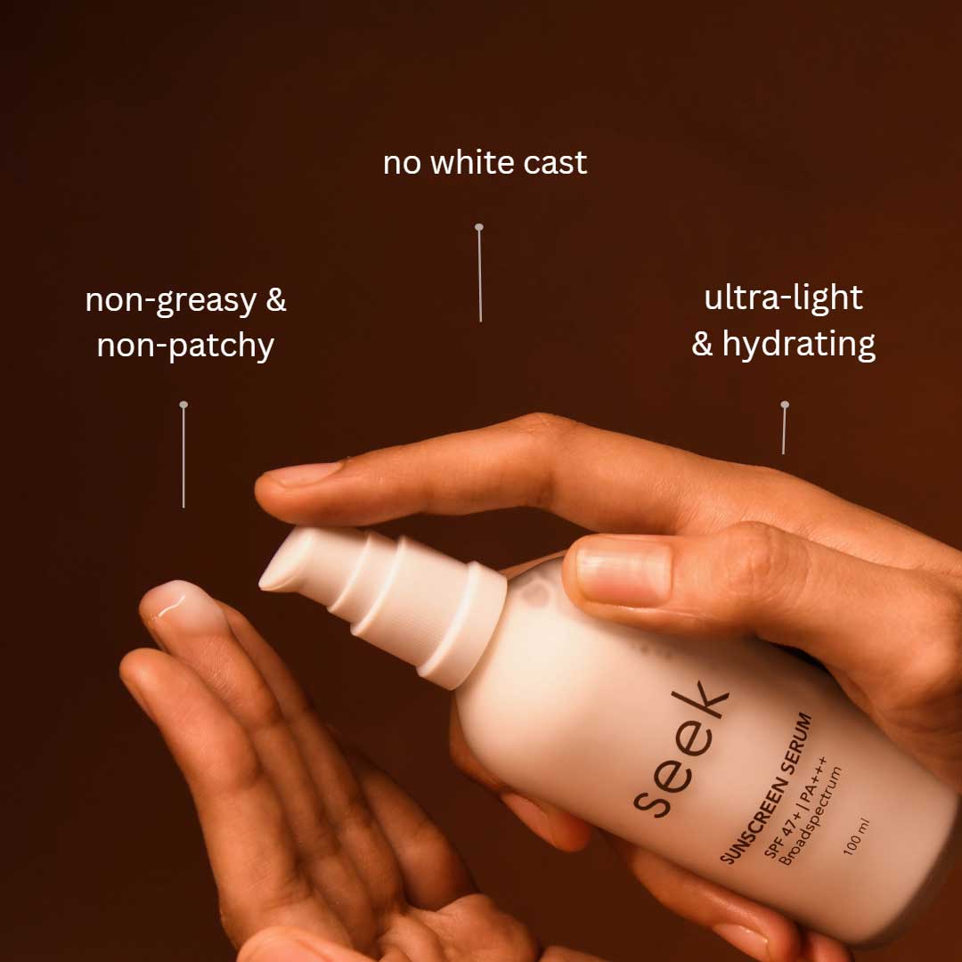 seek skincare broad spectrum sunscreen serum with SPF 47+ and PA+++, its toxin-free, no fragrance and no white cast formula make it suitable for all skin types.