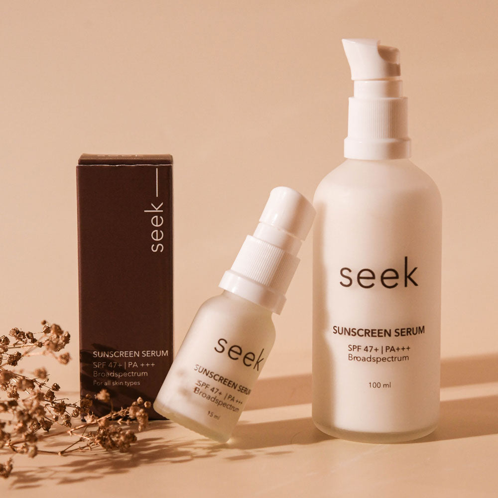 seek broad spectrum sunscreen serum with SPF 47+ and PA+++, its toxin-free, no fragrance and no white cast formula make it suitable for all skin types.